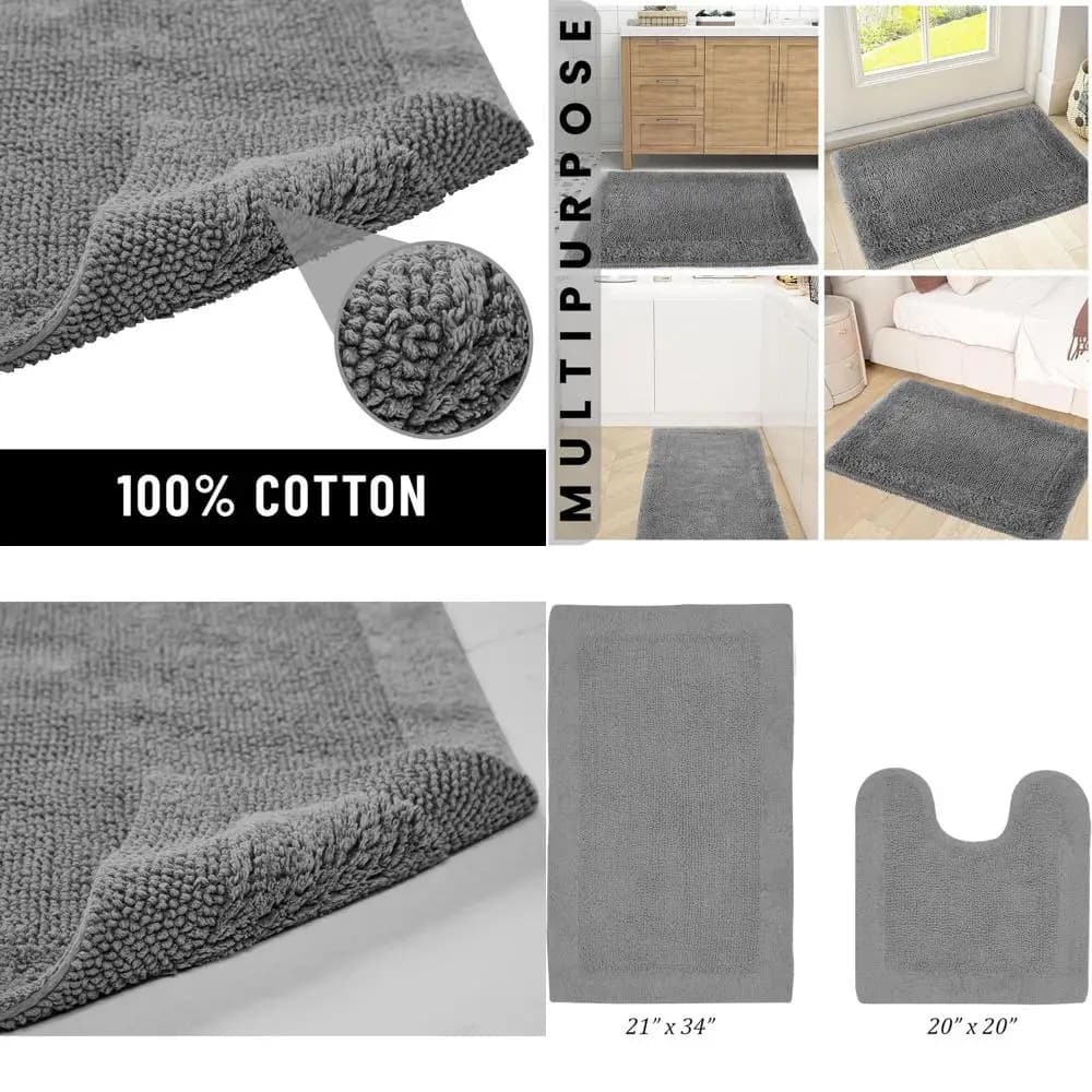 Set di 2 Tappetini da Bagno in Cotone, Lavabili, Reversibili, Confortevoli, ad Asciugatura Rapida, Assorbenti, con Bordo Grigio
