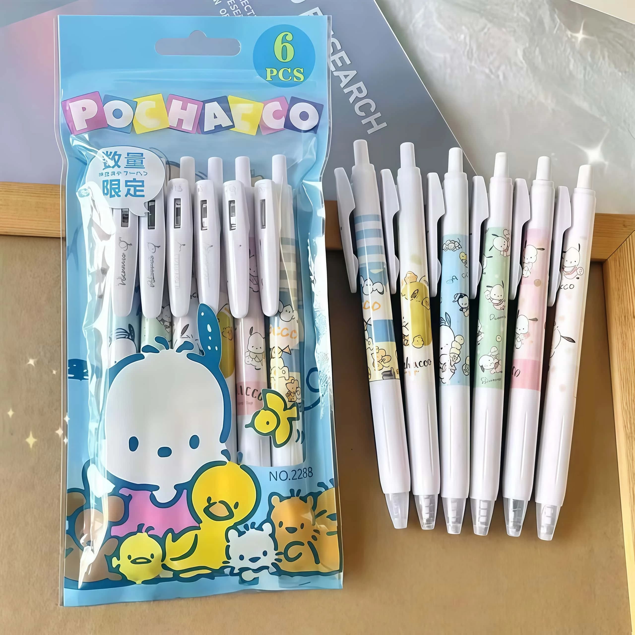 Penne gel Kawaii Sanrio Pochacco da 6 pezzi/pacco, penne retrattili simpatico cartone animato per scrivere, ufficiale e forniture per ufficio