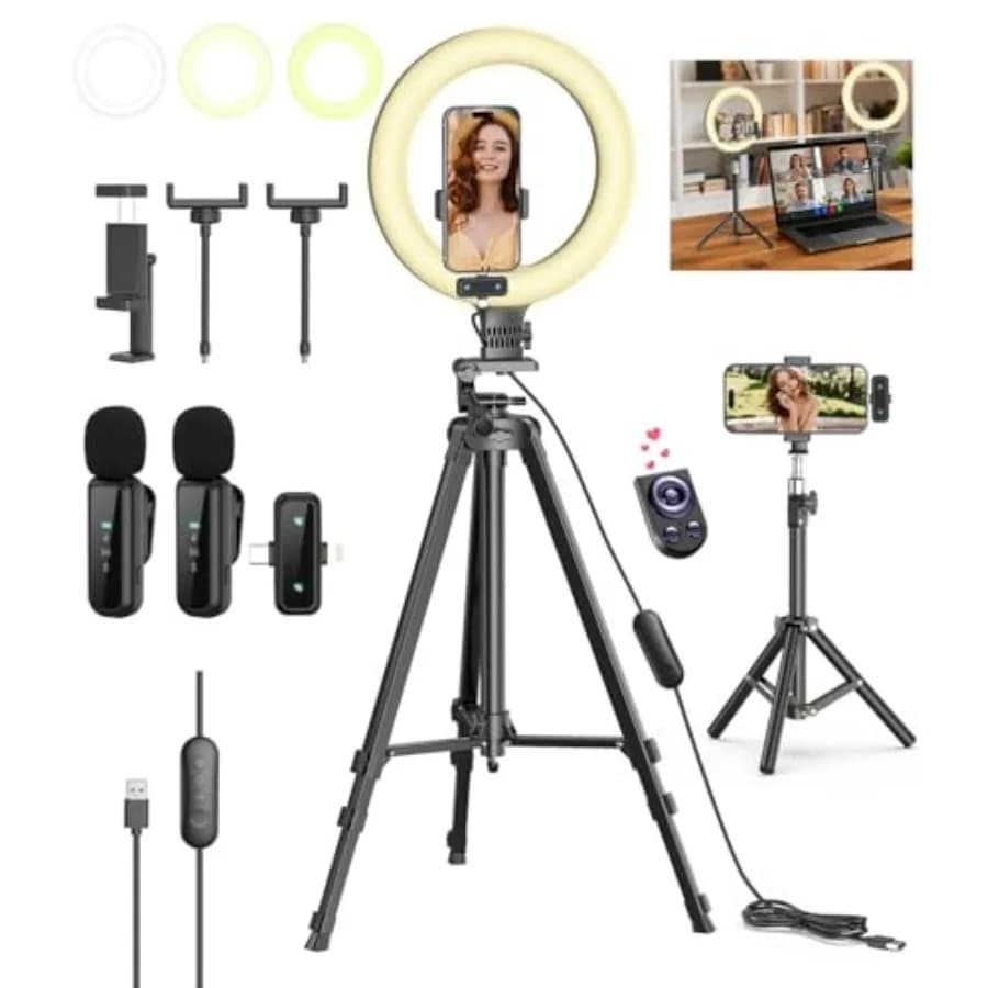 Vlogging kit for iPhone/Android, 10''' Selfie Ring Light with Support, 57''' Extensible Tripod, Wireless Microphone - Y