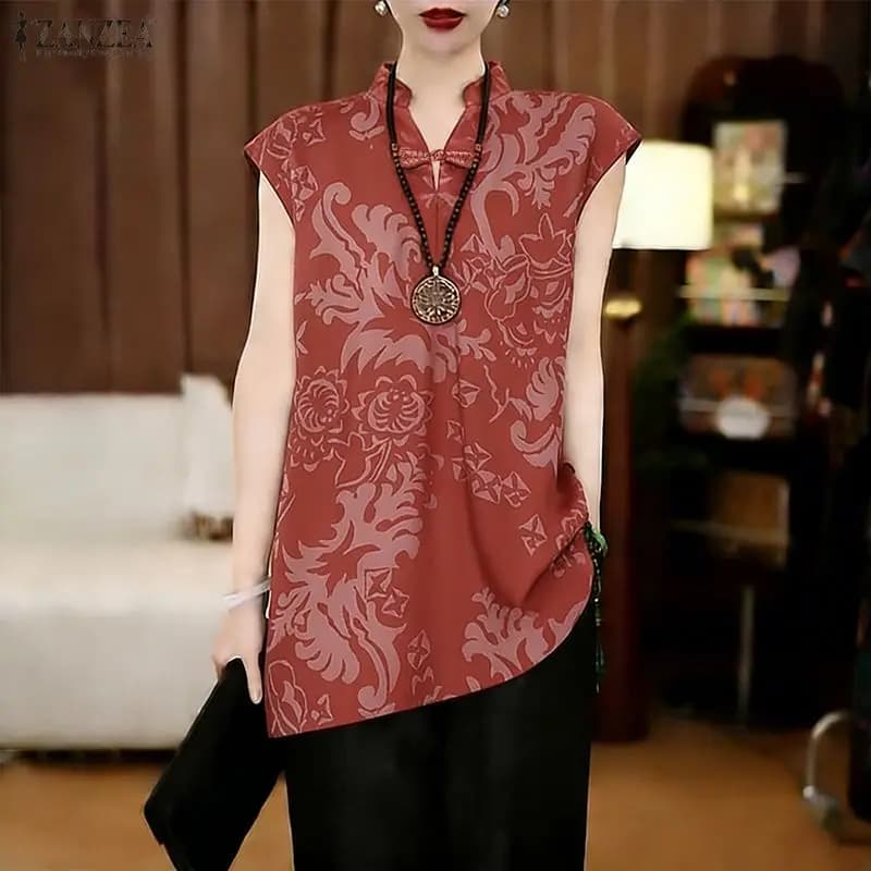 2026 ZANZEA Top Estivo da Donna, Blusa Vintage Stampata Senza Maniche con Collo Alto, Camicia Boehmain per Vacanze, Chemise Femminile