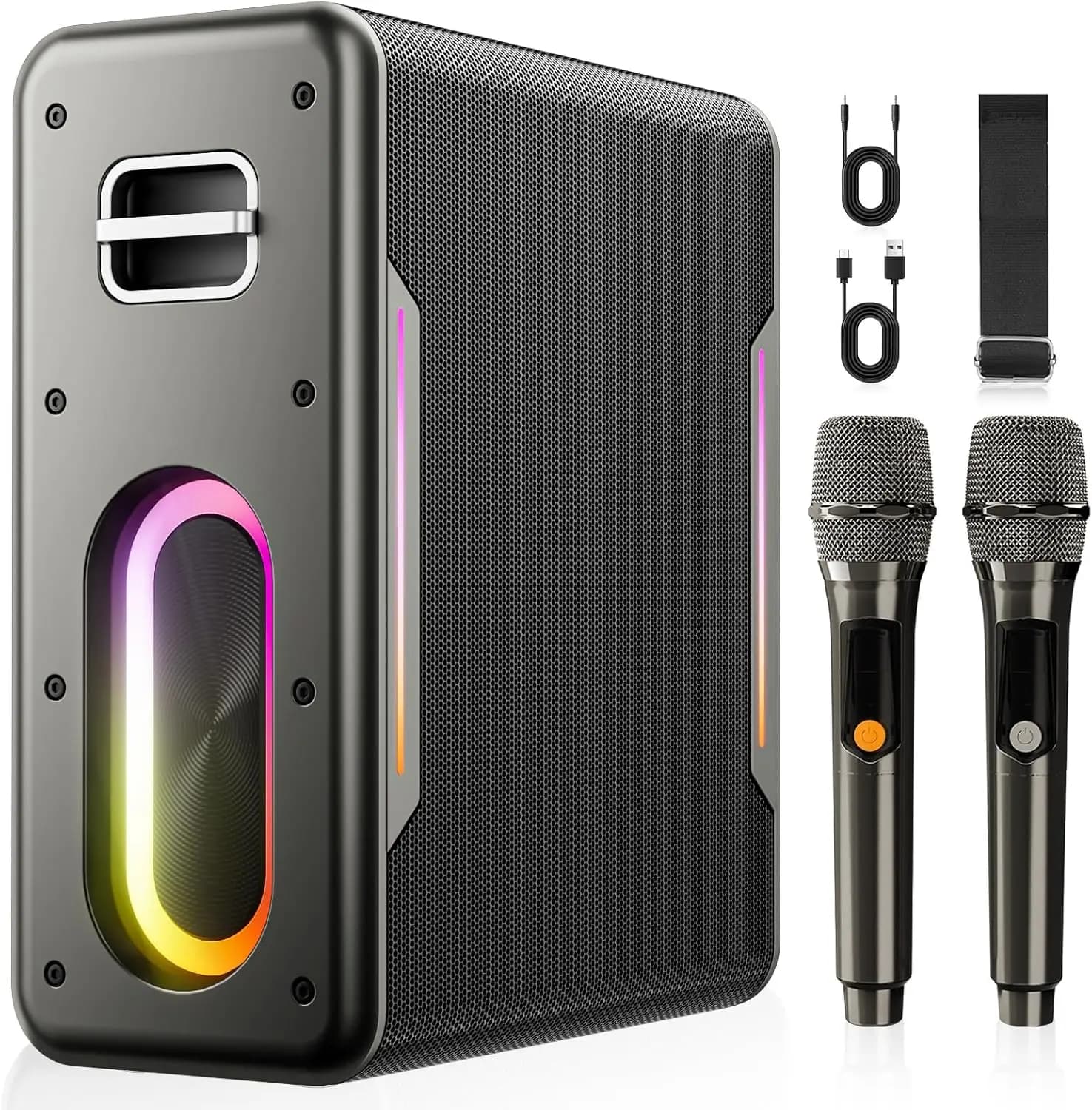 Macchina per Karaoke con 2 Microfoni Wireless, Altoparlante Bluetooth Portatile, 60W, Luci LED, BT/TWS/AUX/USB/TF, Nero
