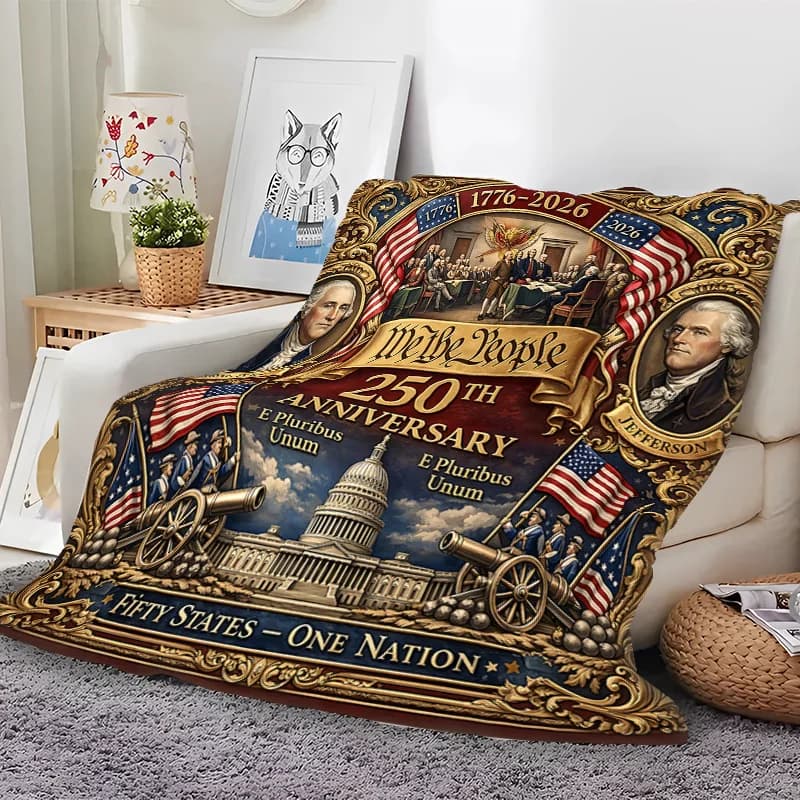 250th Anniversary US Founding Commemorative Blanket 1776-2026, Soft Thick Flannel Blanket, Historical Pattern Bed Sofa Cover H