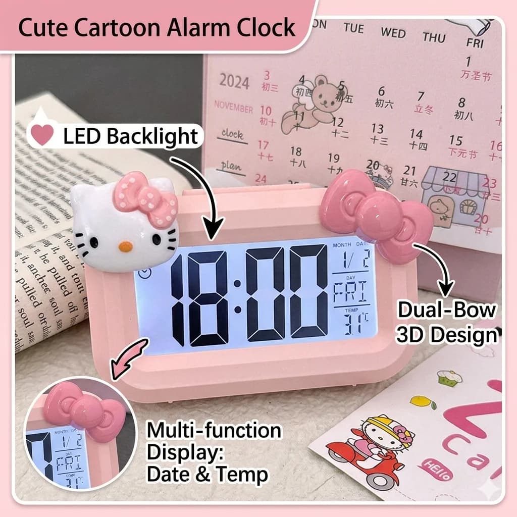 Hello Kitty Mini Night Light Alarm Clock Cute Timer Multi Functional Portable Desk Clock Birthday Gift Holiday Gift