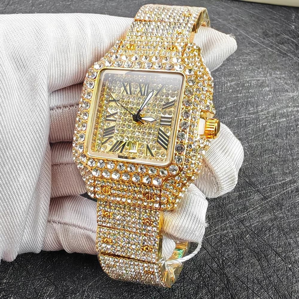 Orologio al Quarzo con Diamanti da 36mm, Compatto ed Elegante, per Uomo e Donna, Lussuoso Orologio Quadrato Hip Hop con Diamanti, Gioiello da Polso per Signore e Uomini