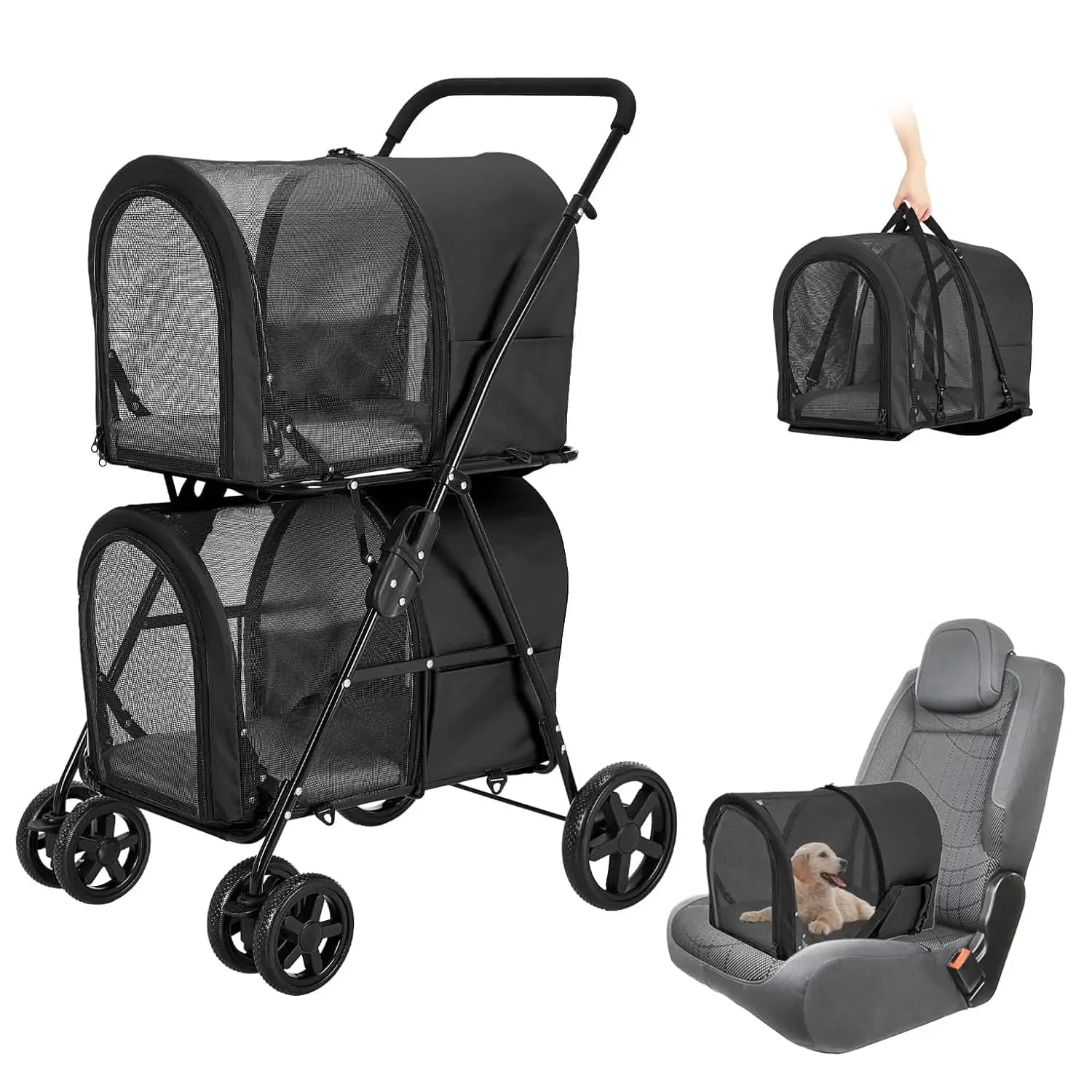 Double Pet Stroller for 2 Cats or 2 Dogs with Detachable Carriers | Foldable, 22 lb Per Carrier, Safety Tethers Each, Side Pocke