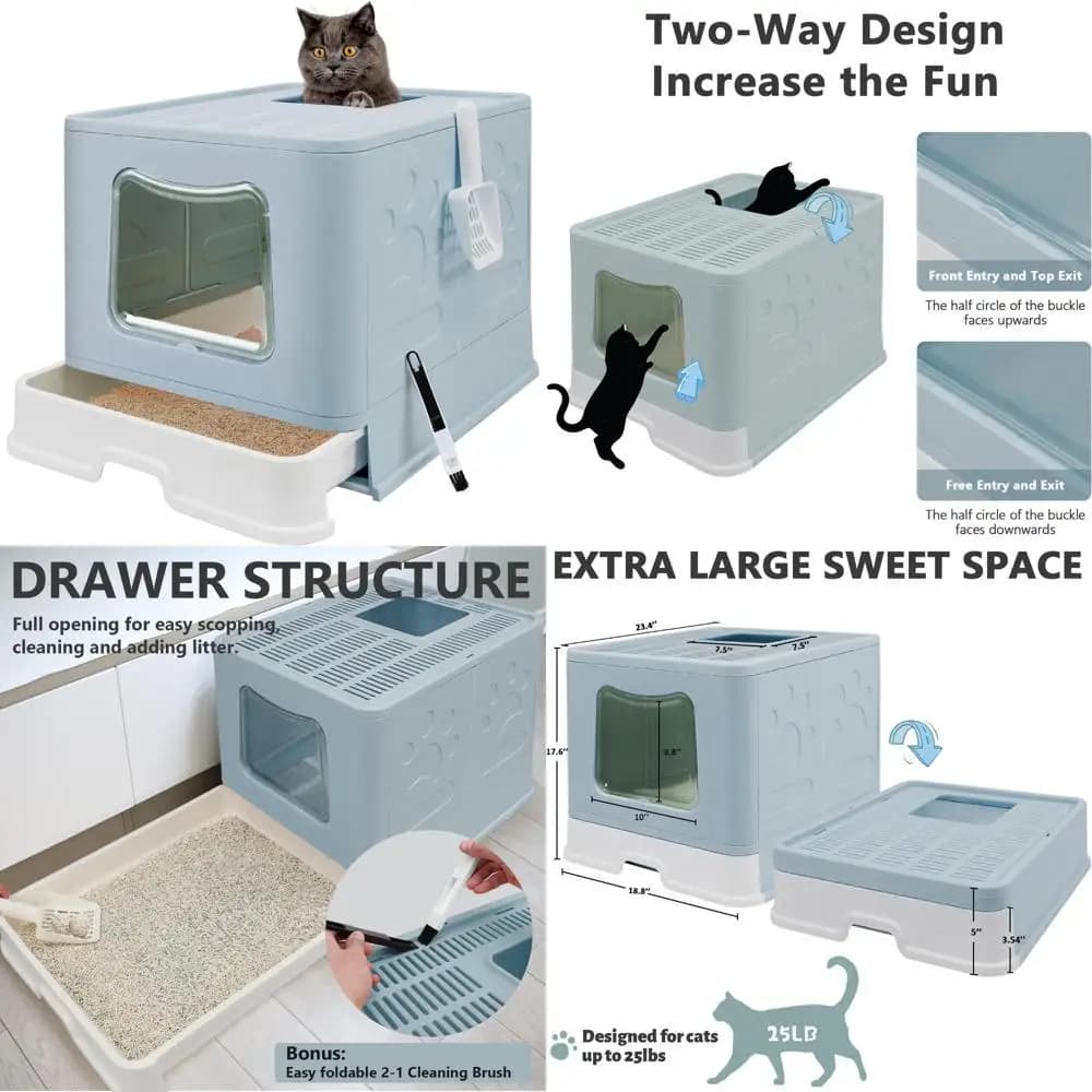 Lettiera per gatti pieghevole Jumbo chiusa con coperchio - Toilette antispruzzo con ingresso superiore - Include paletta e sistema di pulizia 2 in 1