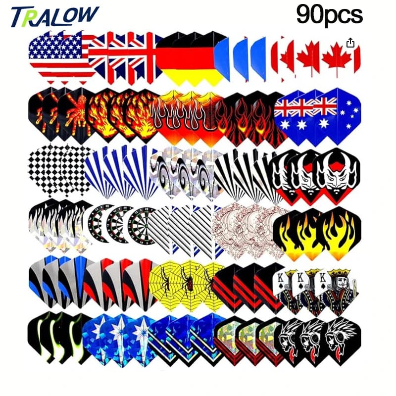 TRALOW Voli per freccette standard da 90 pezzi, PET durevole e ali di coda di piume di ricambio, kit di accessori per freccette per freccette in acciaio e punta morbida