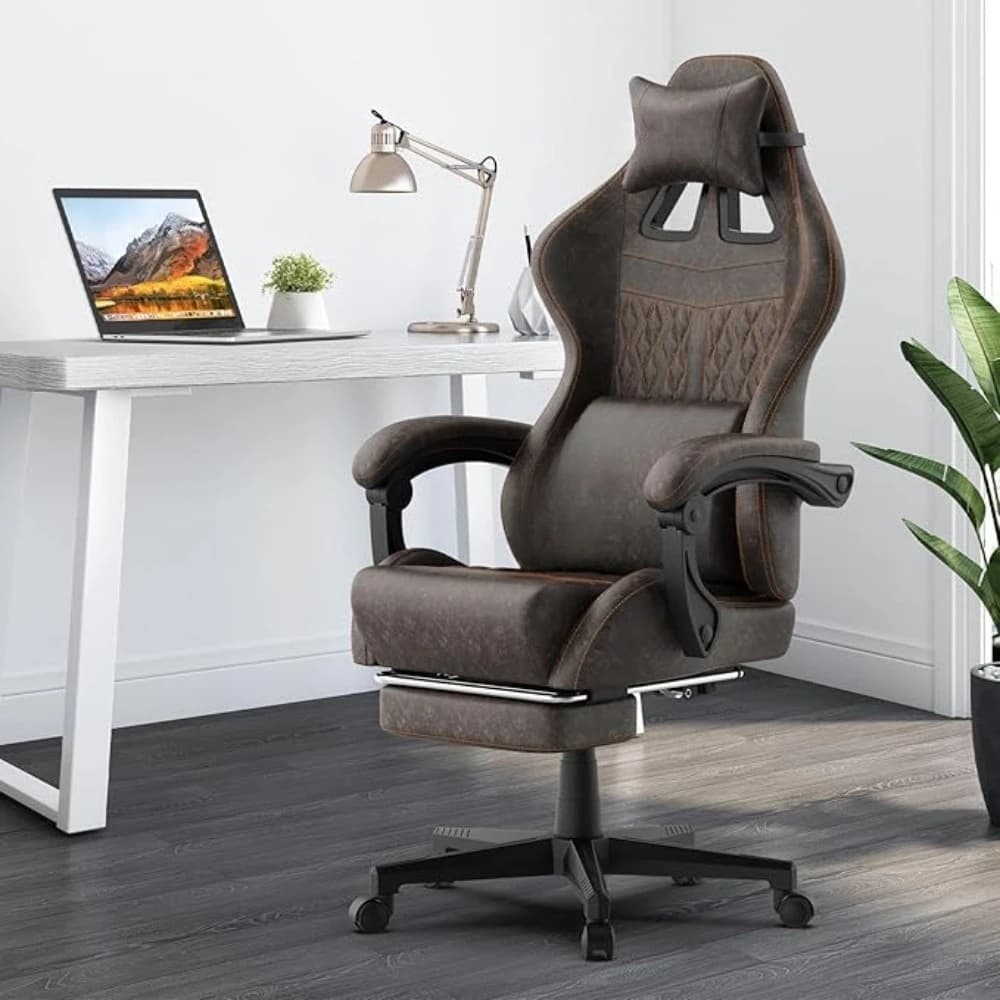 Vintage PU Leather Gaming Chair, Ergonomic Gamer Chair with Massage, High Back Computer Oice Chair with ootrest or Adults, Racin
