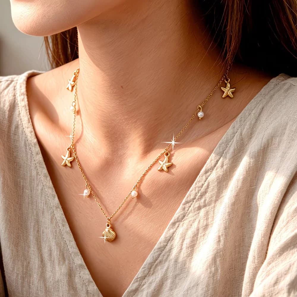 1pc Shell & Star Pendant Necklace Stainless Steel Three-dimensional Starfish Shell Ocean Style Pendant Necklace Elegant and Simp