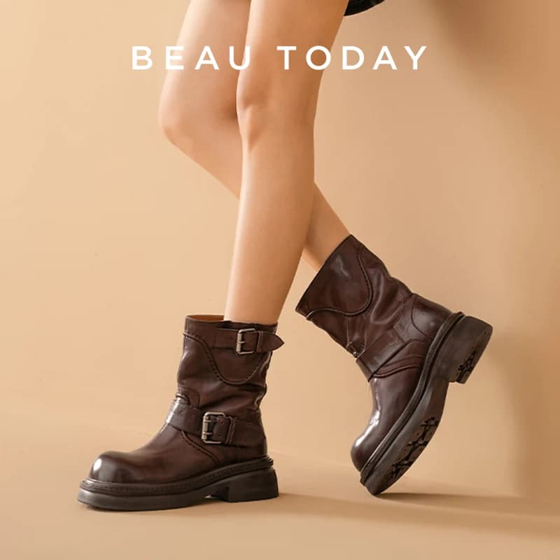 BEAUTODAY Stivaletti da donna in pelle di mucca cerata con punta tonda e doppia fibbia, con plateau, slip-on, scarpe da donna fatte a mano 03A00