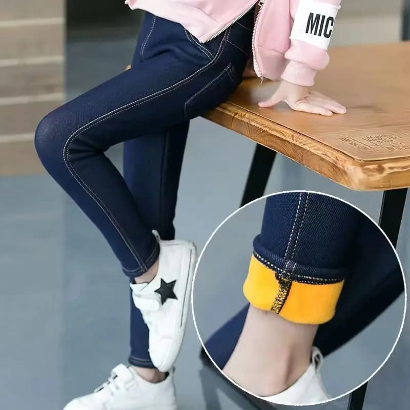 Long winter cowboy denim trousers for girls Kids thick bootcuts warm thick skinny leggings with elastic fleece waist pants