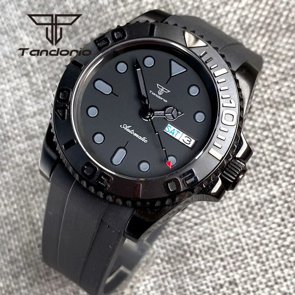 Tandorio 40mm Black Pvd Automatic watch for man week date Display rotating bezel sapphire crystal flash second rubber pointer