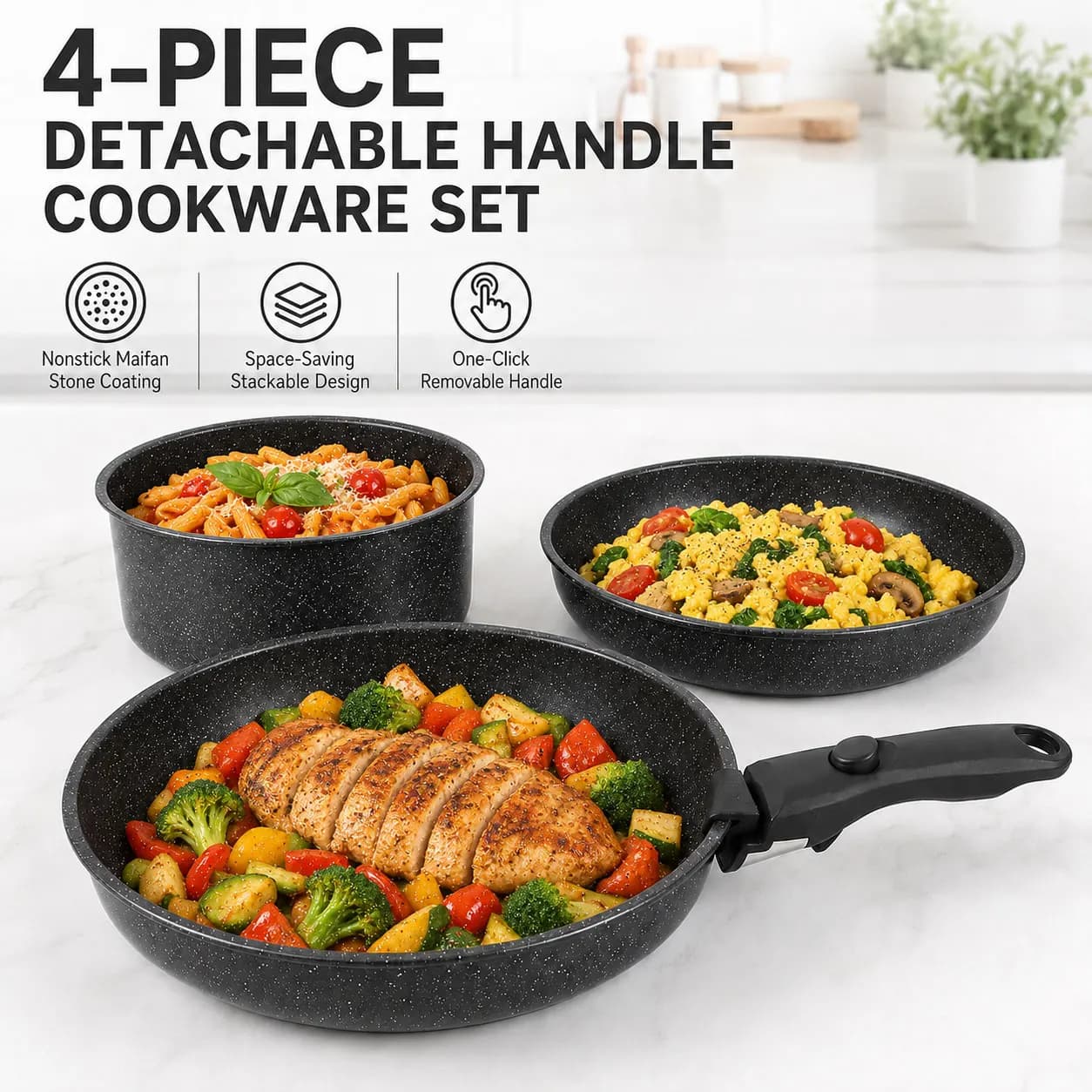 Uwhise 4PCS Nonstick Cookware Set Detachable Handle Stackable Pans Removable Handle Oven Safe Frying Pans Induction Pot Set