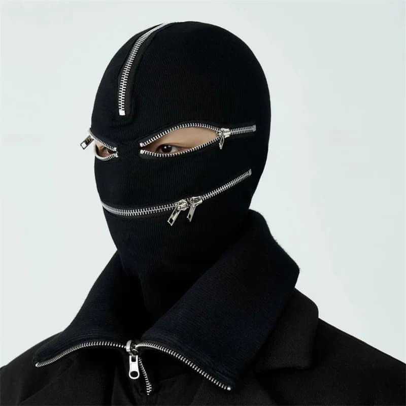 Multi-Zipper Deconstructed Gray Balaclava, Adjustable Full-Face Knit Ski Mask with Tactile Metal Zippers, Avant-Garde Streetwear