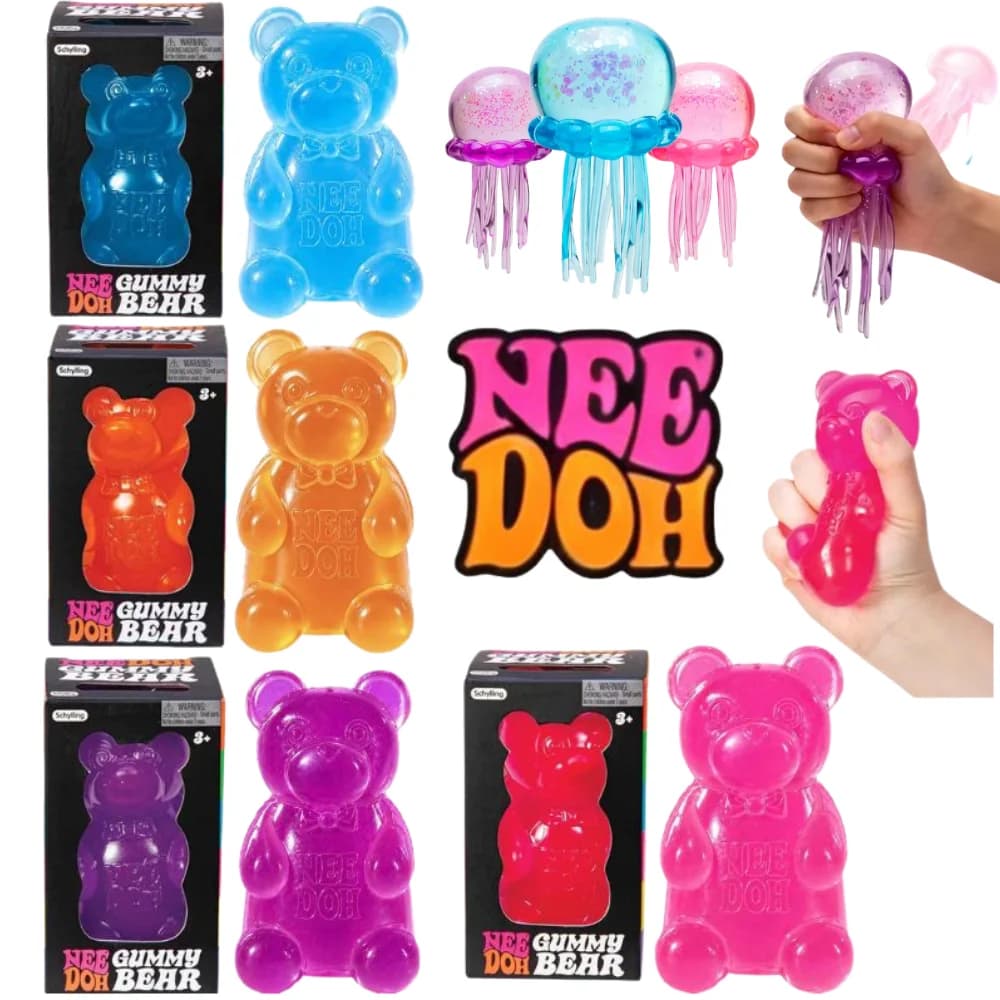 Schylling Nee Doh Jellyfish & Cute Gummy Bear Toy, Soft Jelly Squeeze Stress Relief Fidget Toy, Sensory NeeDoh for Kids & Adults