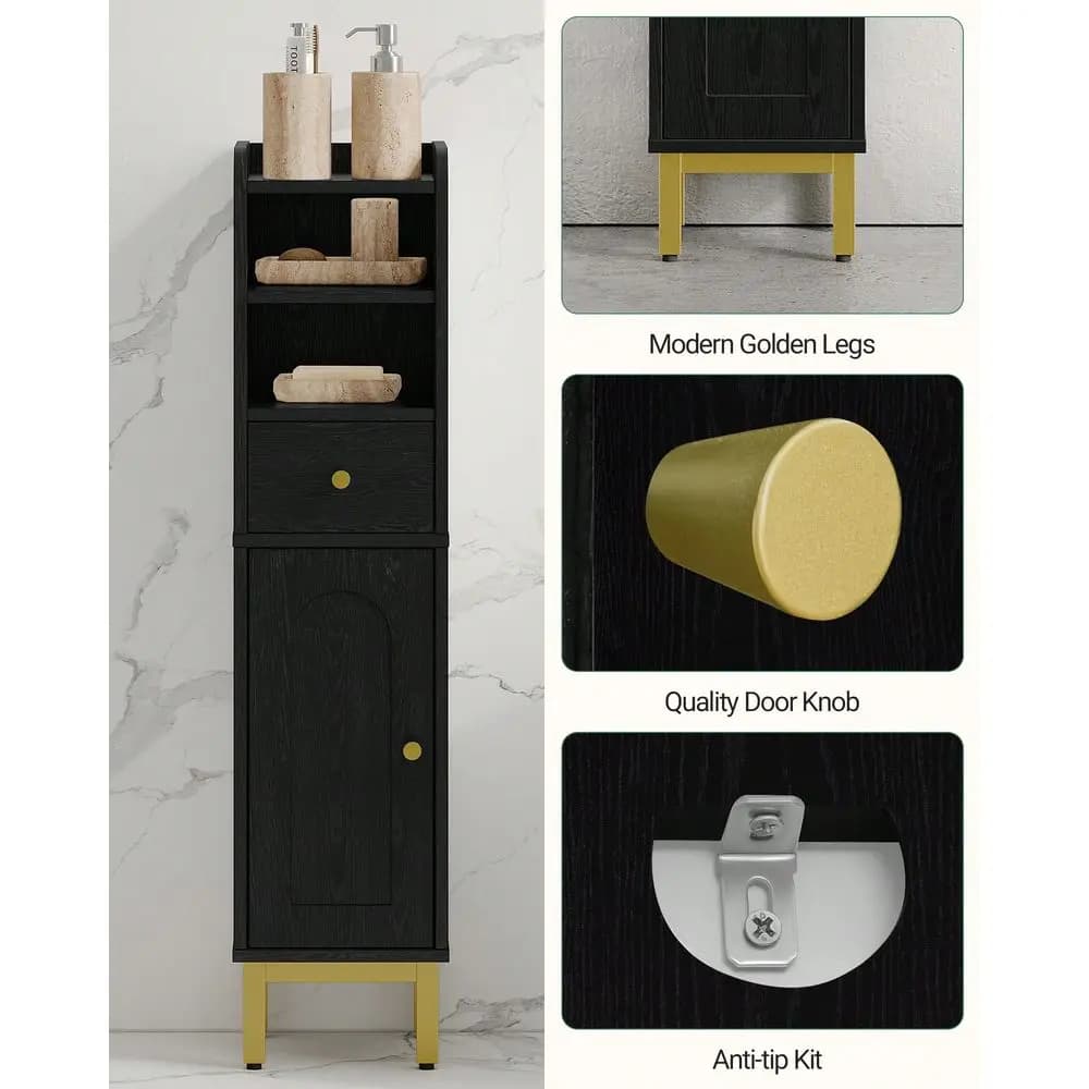Bathroom Storage Cabinet, Corner Floor Cabinet With Drawers And Doors, Narrow Toilet Paper Holder, Bathroom Organizer With Adjustable Shelf, For Small Spaces, Black