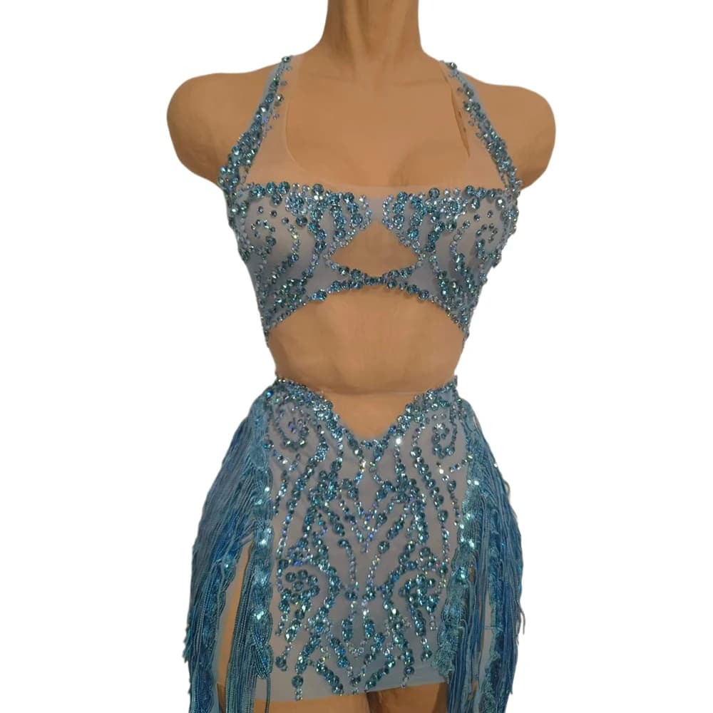 Abito da festa con frange e strass scintillanti, sexy e trasparente, per donna, costume da ballo per performance, abbigliamento da palco per cantanti e ballerine
