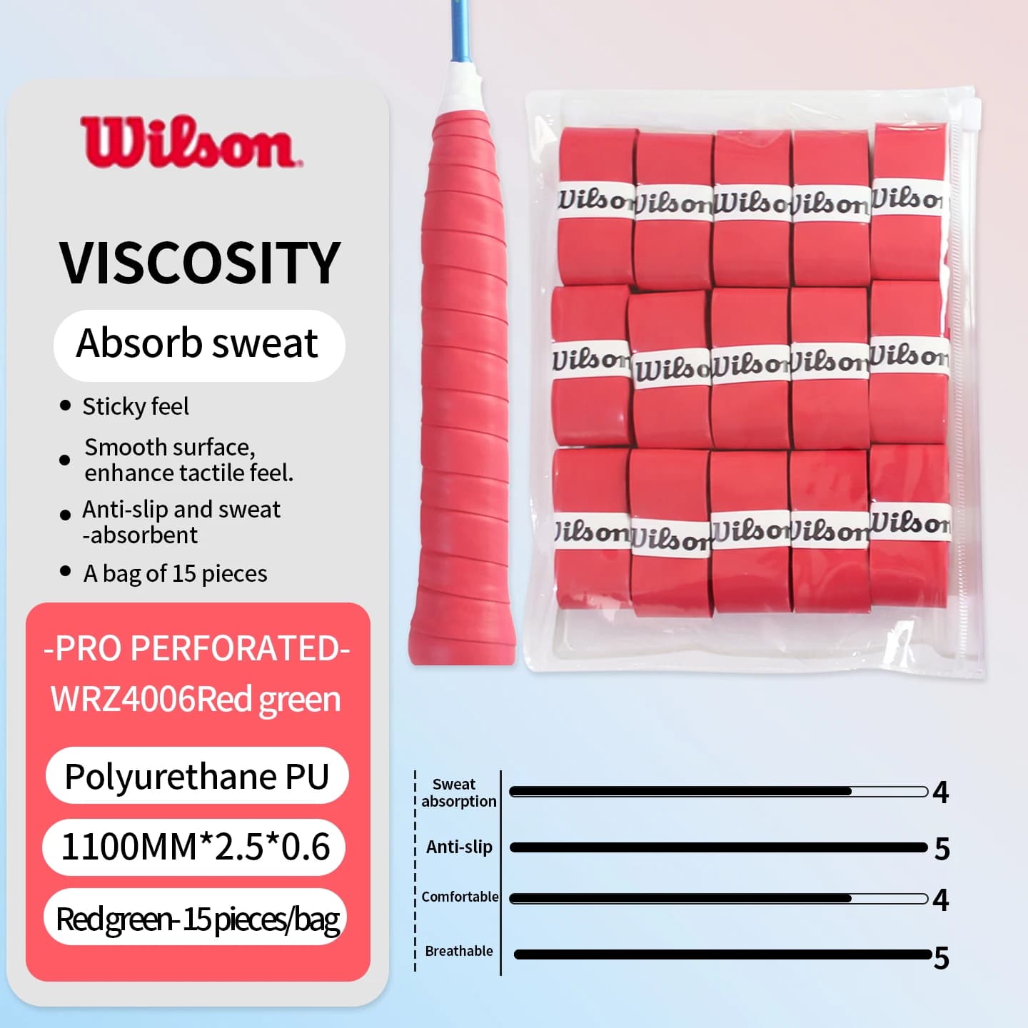 15 Pieces Wilson Overgrip for Tennis Rack, Absorbent Tape Tape, PU Grip for Racket, Anti-slip Tape for Tennis and Padel PRO