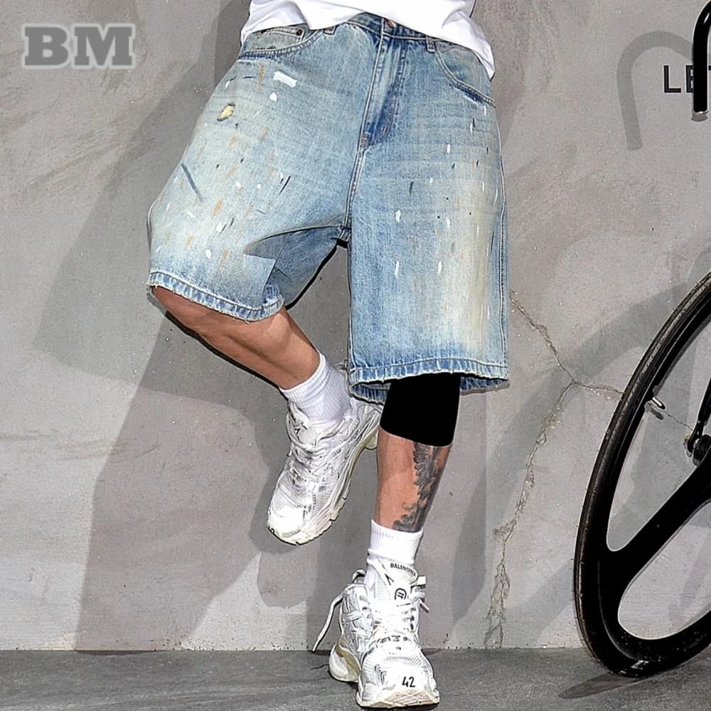 Coreano Streetwear Uomo Hip Hop Splatter Paint Pantaloncini di jeans Estate Loose Fit Gamba dritta Jorts 5 pollici Cucitura interna Skate Trendy Casual