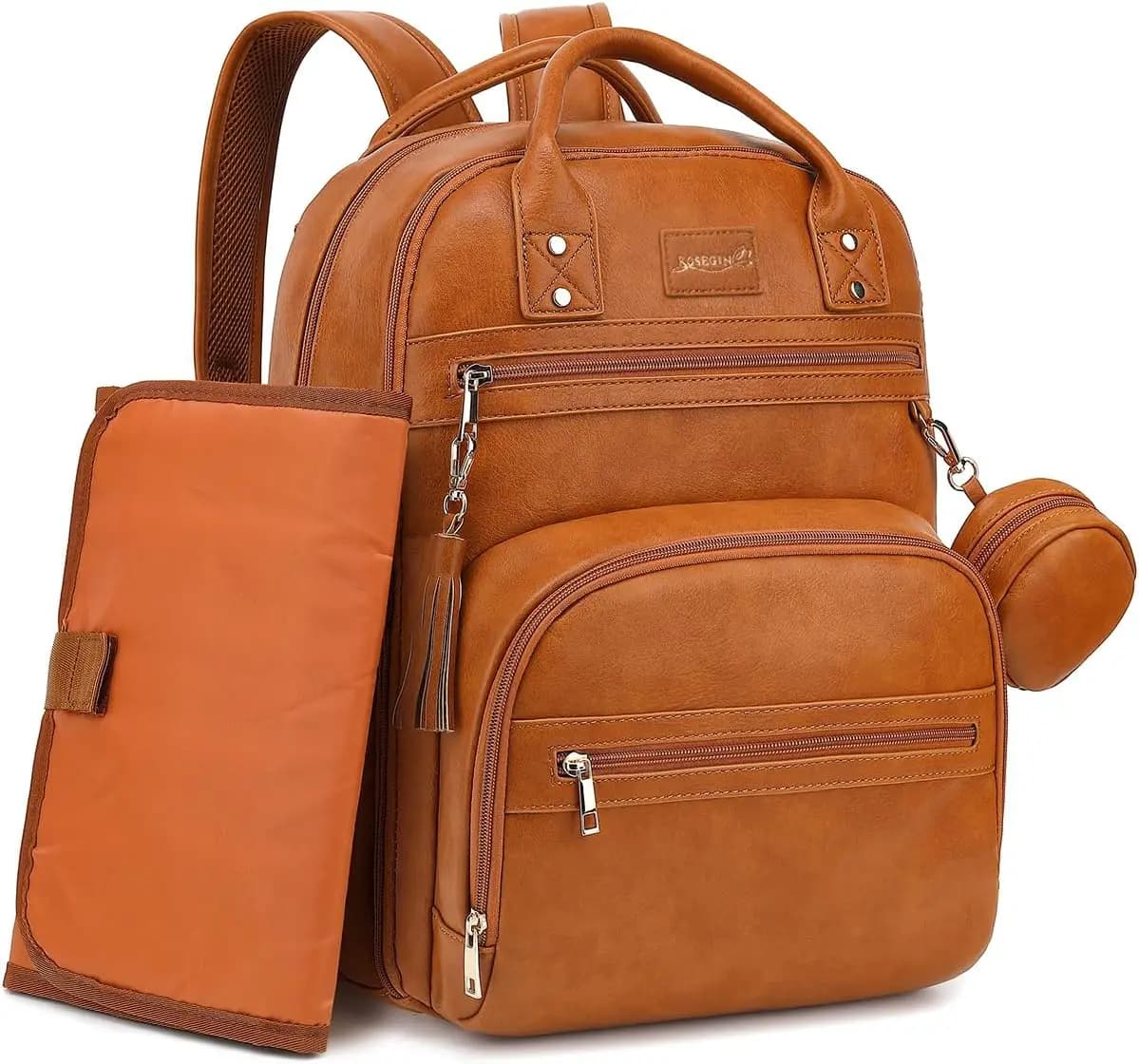 Zaino per pannolini in pelle vegana con imbottitura impermeabile, 20 tasche, slot per laptop e cinghie per passeggino, marrone