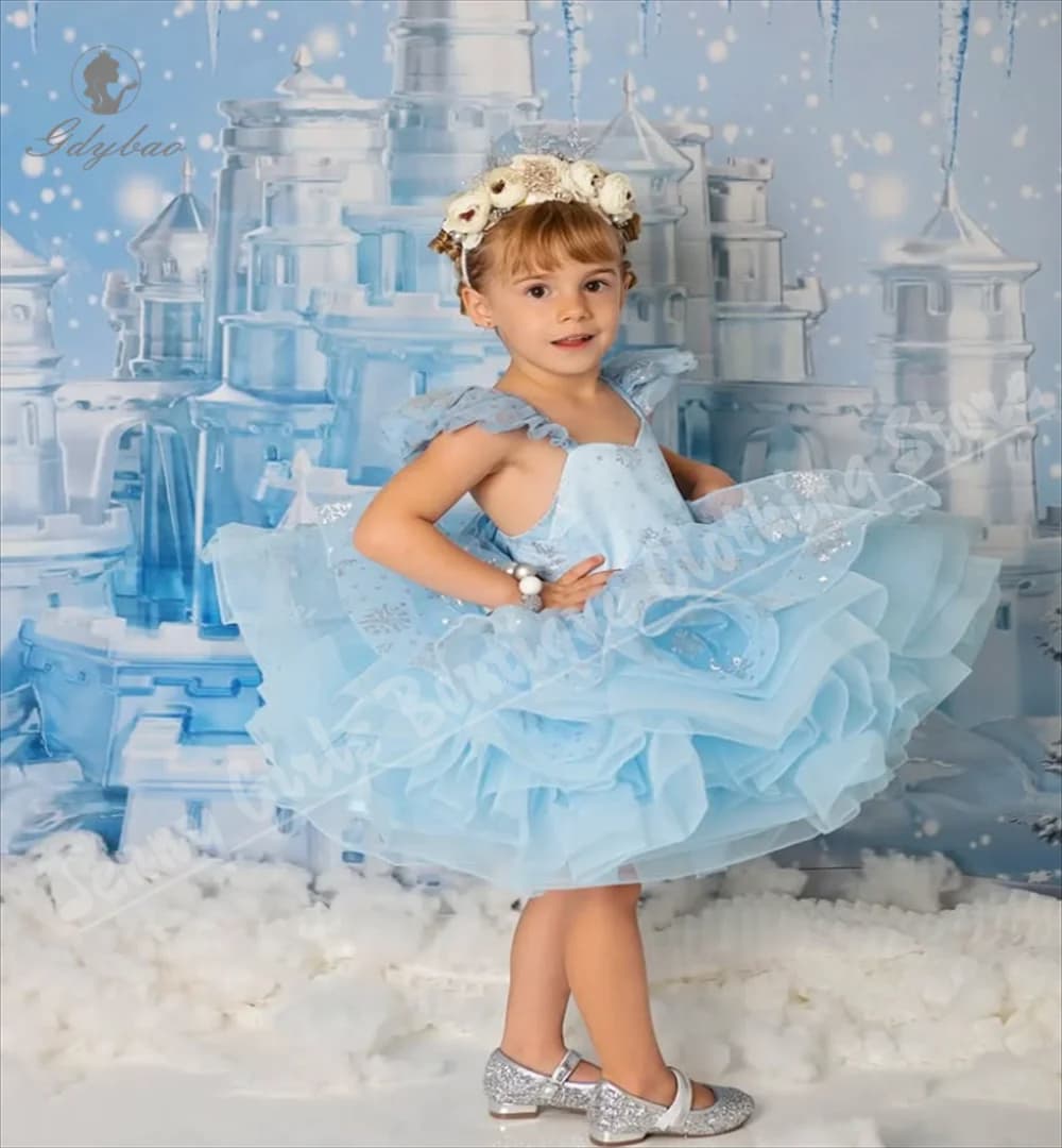 Abito da ragazza di fiore azzurro per matrimoni con soffici volant Design a strati Adatto per la prima comunione dei bambini