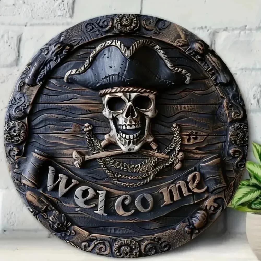 Targa di Benvenuto Teschio Pirata, Decorazione Rustica per Porta di Halloween, Spaventosa Decorazione da Parete per Portico, Regali per Feste