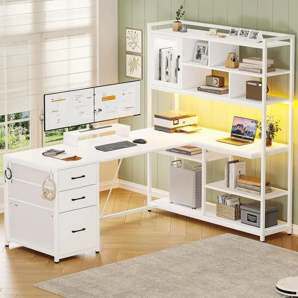 58 L-Shaped Desk with Storage, 3 Drawers, Bookshelf, LED Lighting for Home Office or Gaming
