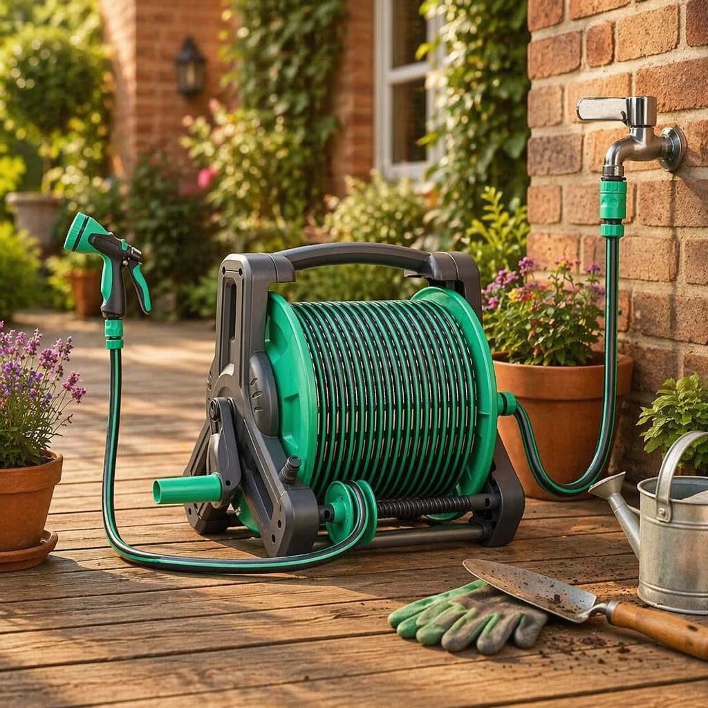 Automatic Yardworks 40M Hose Storage Stainless Steel Retractable Resin Heavy Water Garden Hose Reel Cart-2 Wheels