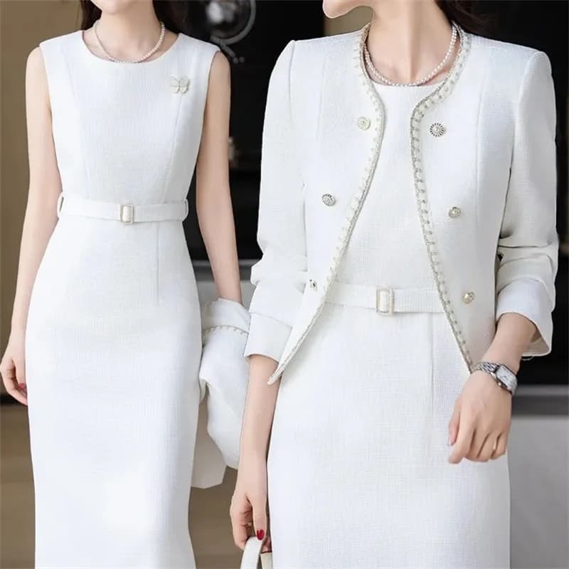 Primavera Autunno Moda Donna Outfit Moda Giacca corta + Abito con cinturino Set due pezzi Elegante bretelle senza maniche Abiti Abiti