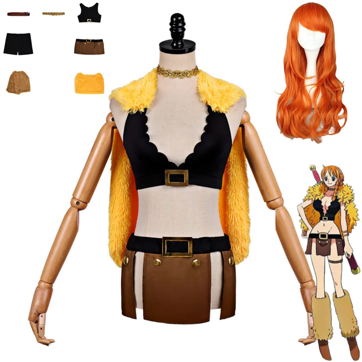 Costume Cosplay Anime Elbaph Nami, Top Aderente Nero, Cappotto in Peluche, Outfit Sexy da Donna per Carnevale e Halloween