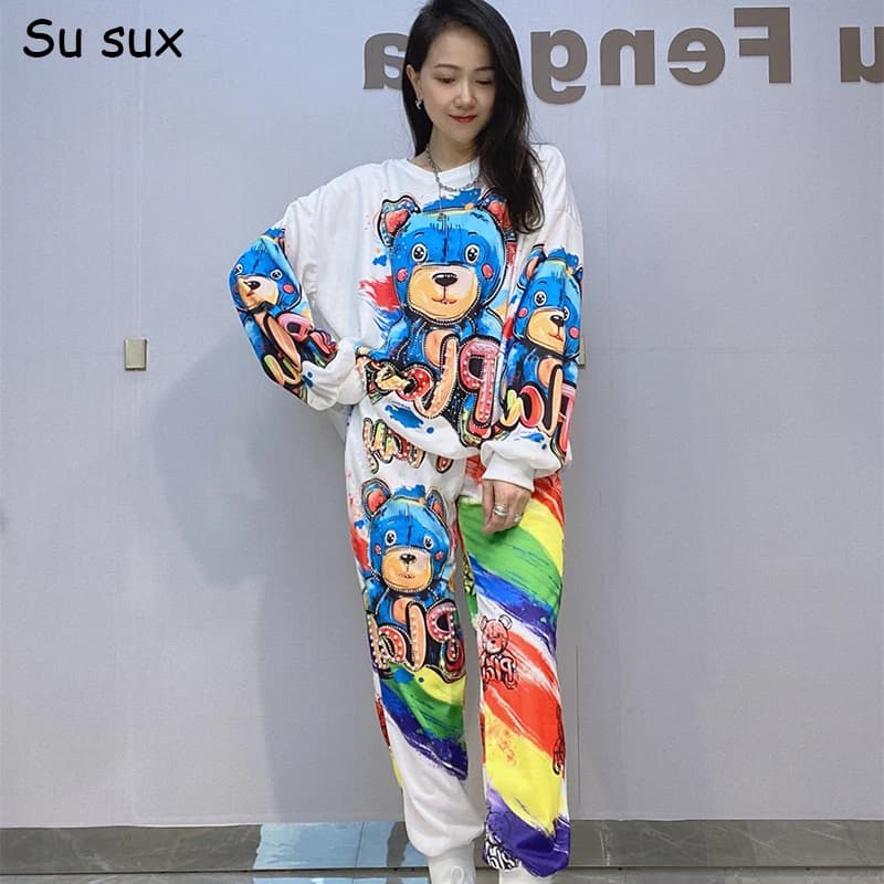Cartoon Bear Sequins Oversized Pants Sets Tracksuit Women Outfits 2024 Autumn Y2k Clothes Y2k Clothes Casual Sweatersuit Sport