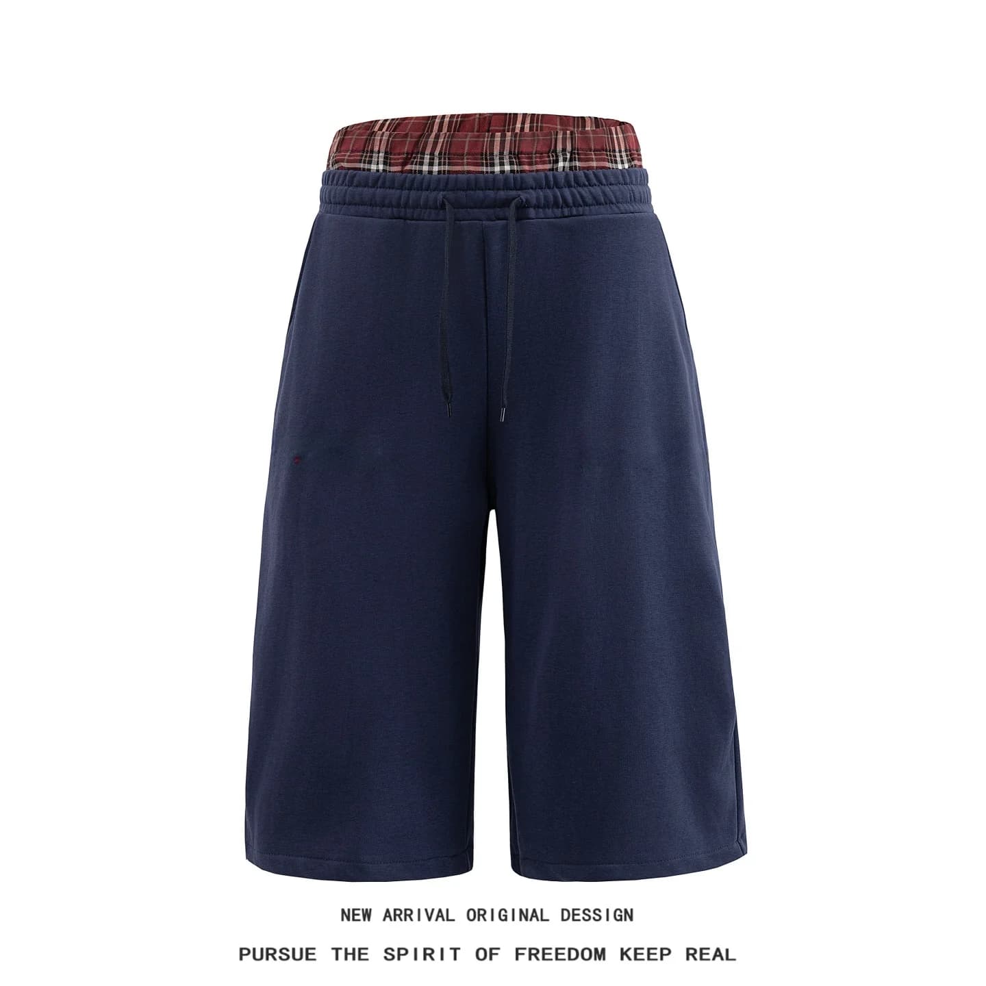 Sporty Plaid Patchwork Double Waist Street Style Loose Seven-Foot Casual Men's Shorts American Loose Leg Wide Leg Sweatpants