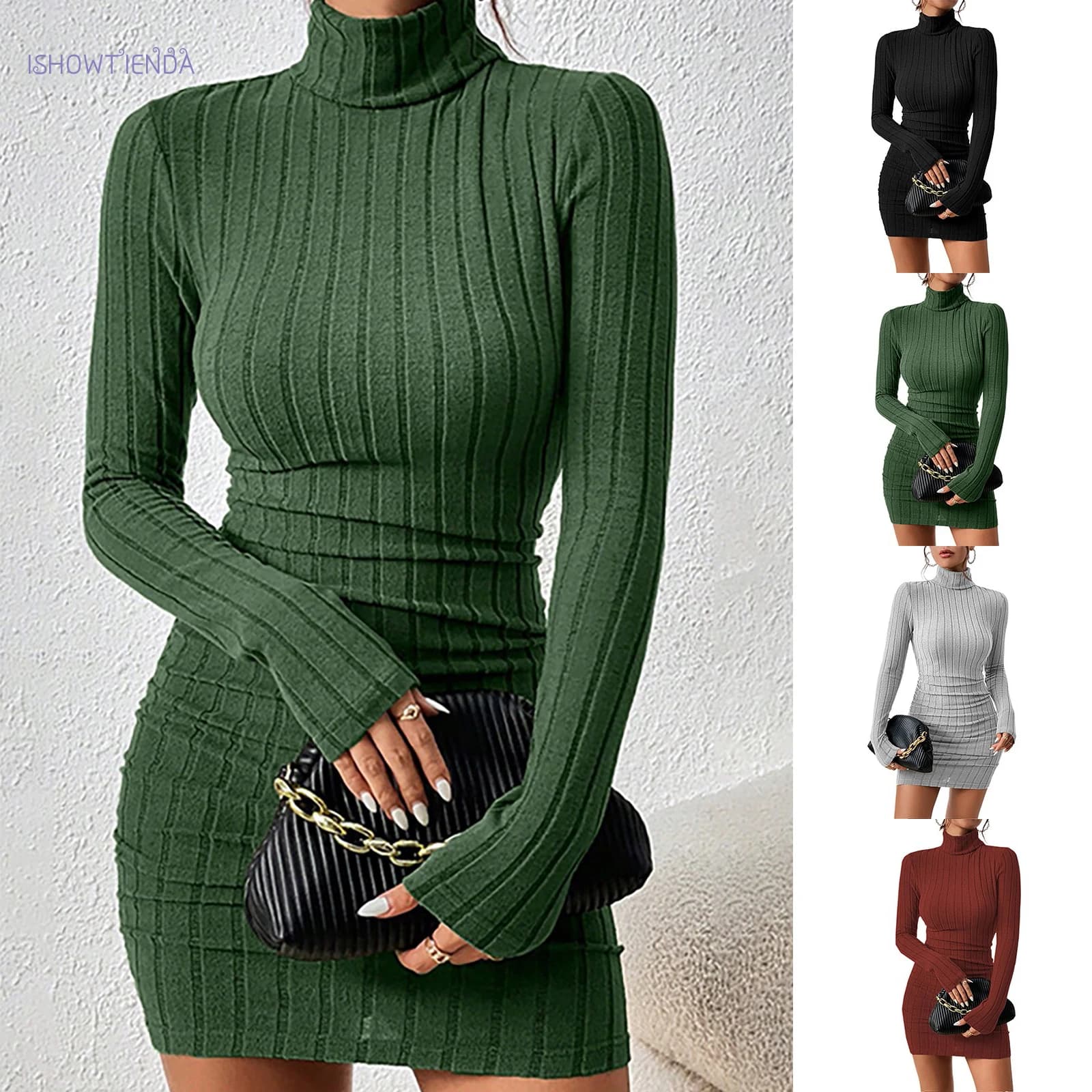 Abito con fondo lavorato a maglia Donna Elegante festa Autunno Inverno Dolcevita Maniche lunghe Mini tubino sexy Abito aderente da club
