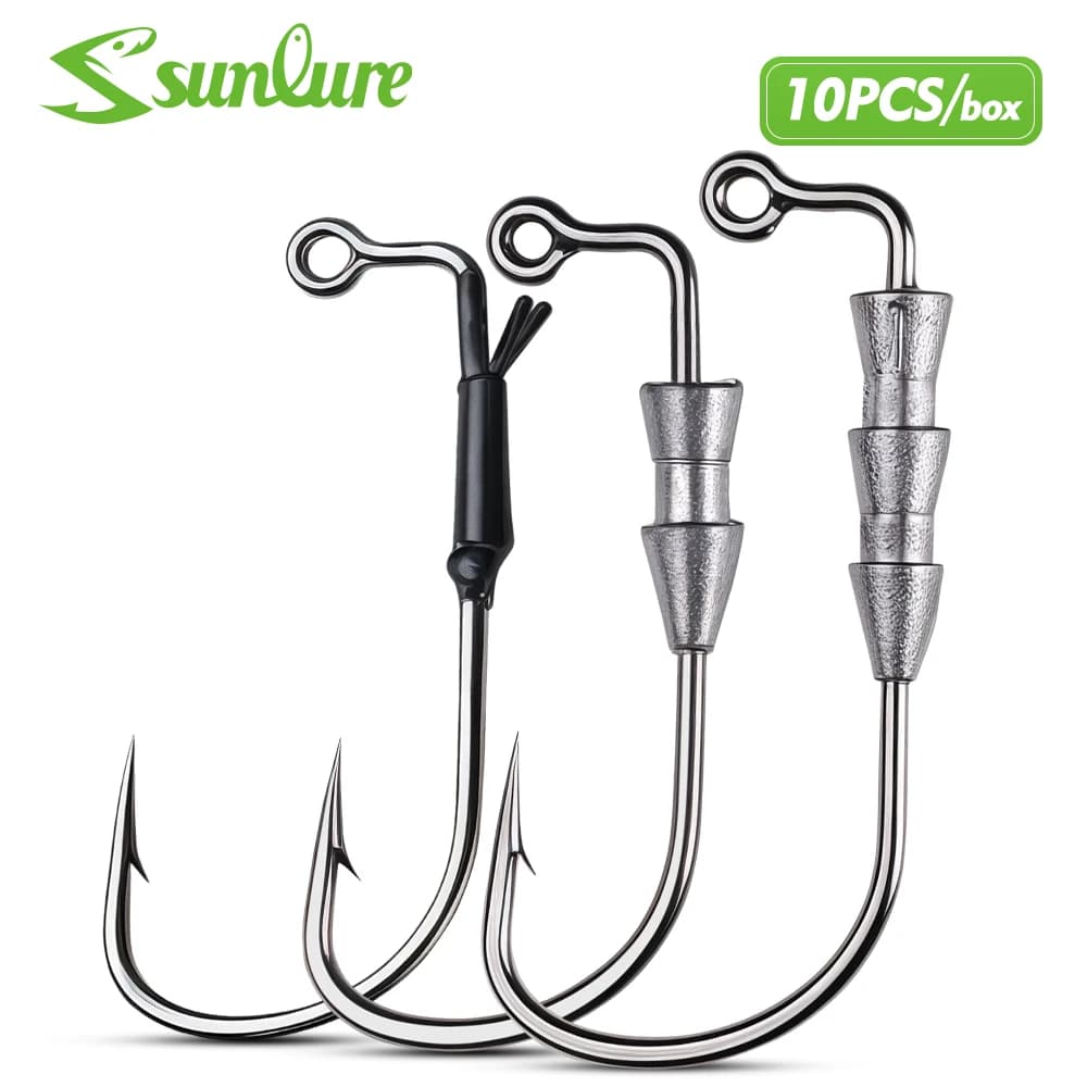 Sunlure 10PCS/Box Removable Weight Offset Worm Hooks Lead Sinker Wide Gap Offset Hooks Soft Lure Saltwater Bass Fishing Tackle
