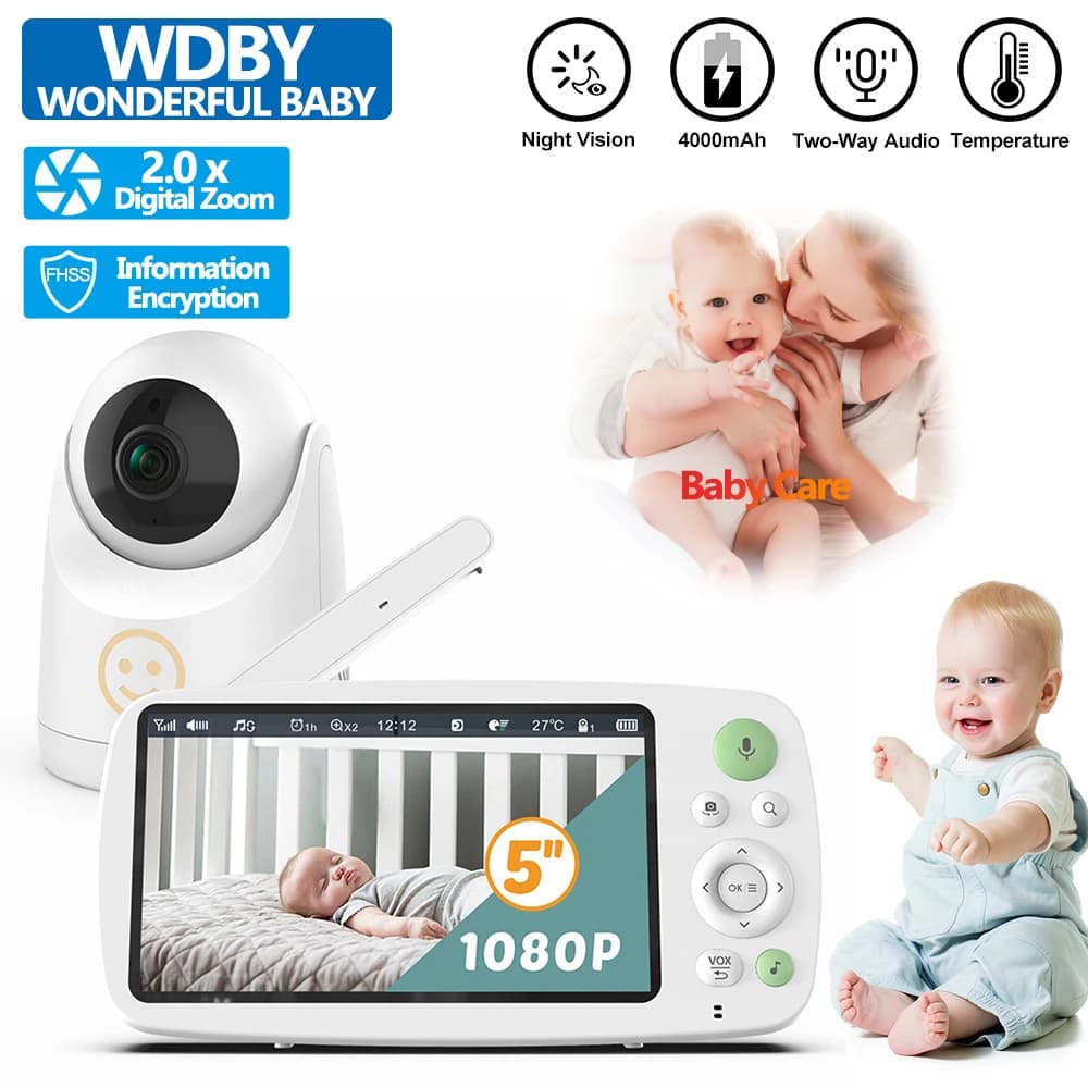 5.0 Pollici Wireless Video Baby Monitor, visione notturna 1080P, monitoraggio della temperatura, 2 modi di parlare audio, Baby Nanny, telecamera di sicurezza, Lullaby