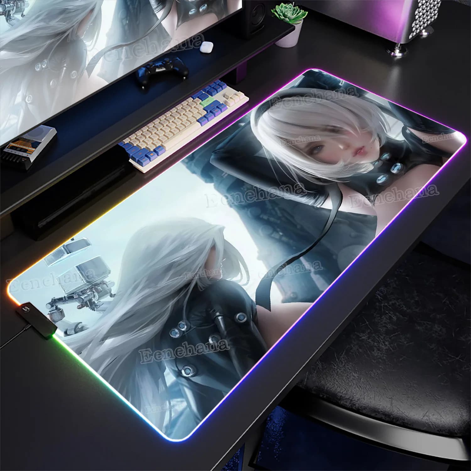 RGB PC Gaming Nier Automata 2b Mouse Pad XXL Luminescenza Cool Mousepad Retroilluminazione Gamer Tappetino da scrivania grande Tappeto luminoso per tastiera a LED