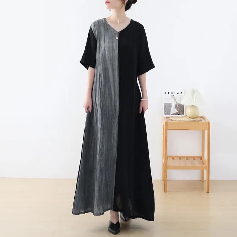 Summer New Retro Artistic Large Size Slimming V-Neck Belted Short Sleeve Cotton Linen Blend Dress Casual Style Midi Dress