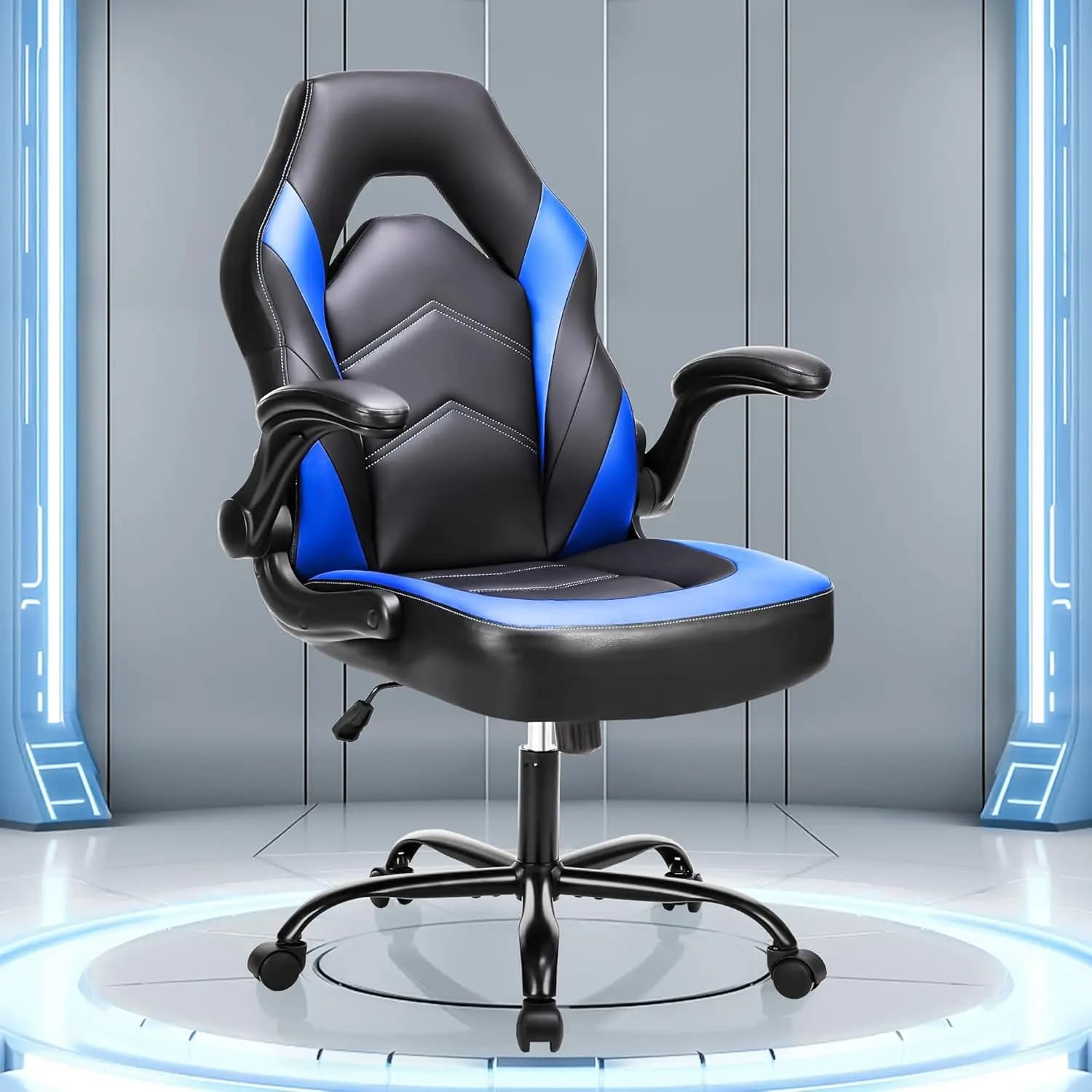 Gaming Chair PU Leather Standard Size Ergonomic Design with Flip-up Armrest and 360° Swivel Wheels, All Seasons Universal Black
