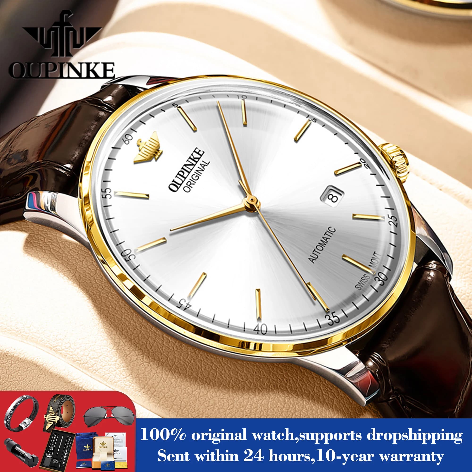 OUPINKE 3269 Orologio da uomo Movimento meccanico svizzero Cassa sottile 50M Orologio impermeabile per uomo Orologio con data a specchio con zaffiro sintetico