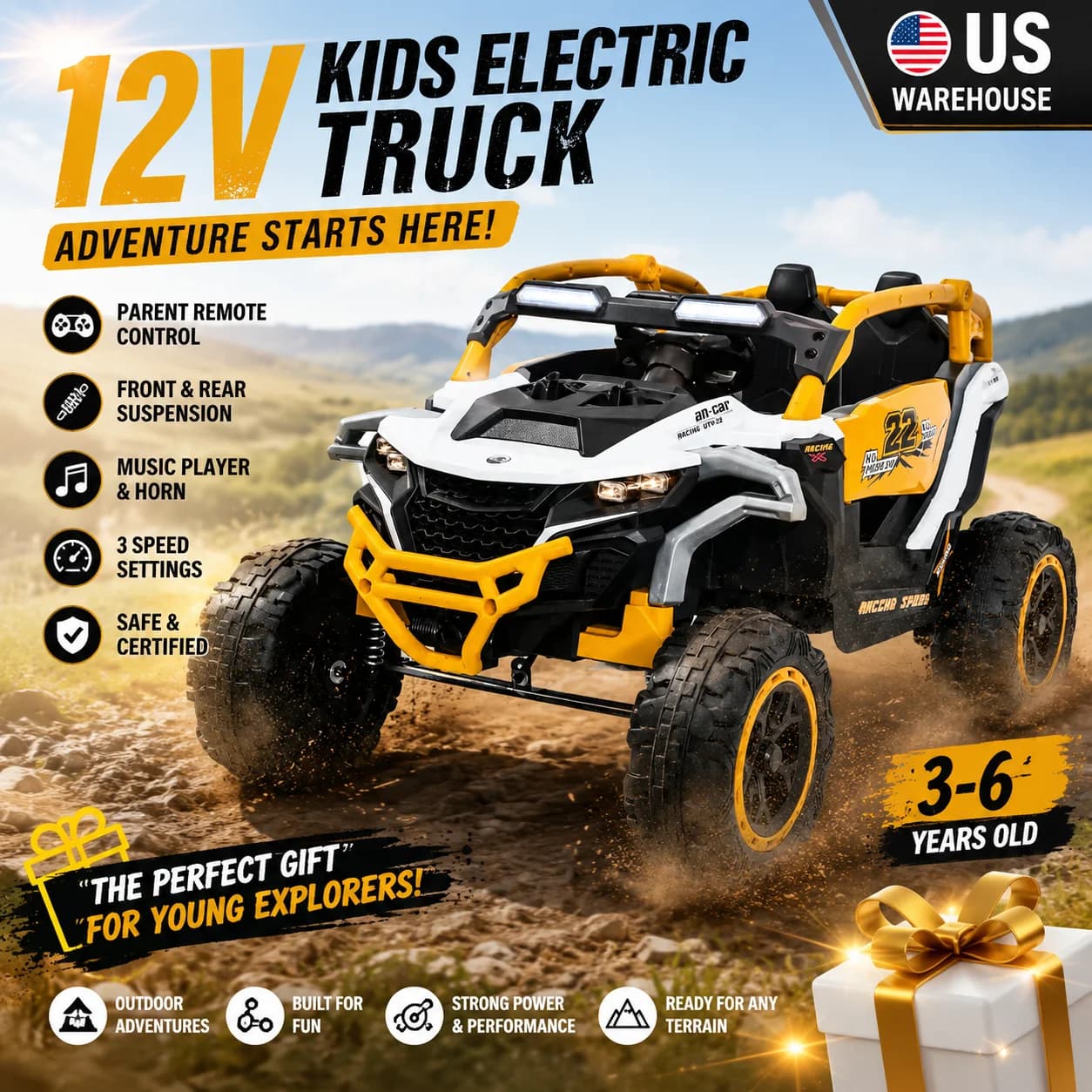 Auto Elettrica per Bambini 12V, Camion UTV a 2 Posti con Telecomando per Genitori, Sospensioni Anteriori e Posteriori, Veicolo Giocattolo Bianco per Bambini 3-6 Anni, per Cortile, Parco, Fuoristrada, con Lettore Musicale, Luci LED, Certificato ASTM, Regalo