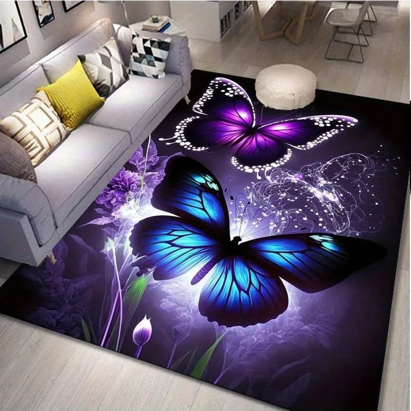 Vibrant Butterfly and Purple Flower Rug for Modern Living Spaces - Unique Floor Decor, 3D Art Carpet, Contemporary Design