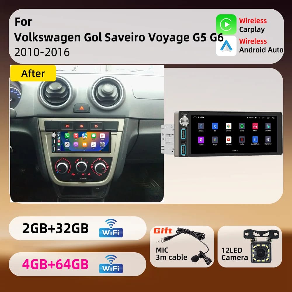 For VW Volkswagen Gol Saveiro Voyage G5 G6 2010-2016 Android 1Din Car Stereo 6.86" Screen Carplay Car Multimedia Autoradio Radio