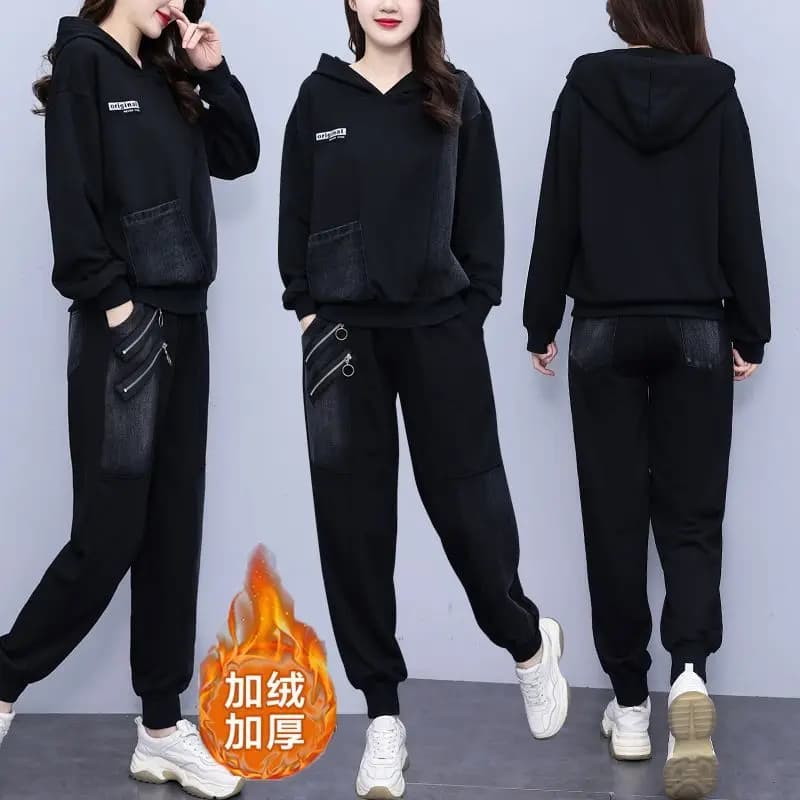 Set da due pezzi con giunture da cowboy Felpa con cappuccio da donna nuova autunno Top Fashion Pantaloni decorativi con doppia cerniera Set casual da due pezzi