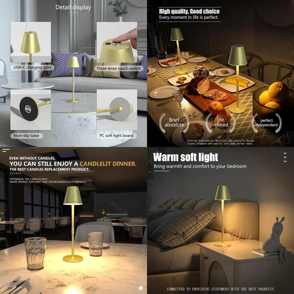 Set di 4 Lampade da Tavolo Ricaricabili - Batteria da 5000mAh, LED Dimmerabile a 3 Livelli, Adatte per Camera da Letto, Sala da Pranzo, Ristorante - Oro Champagne