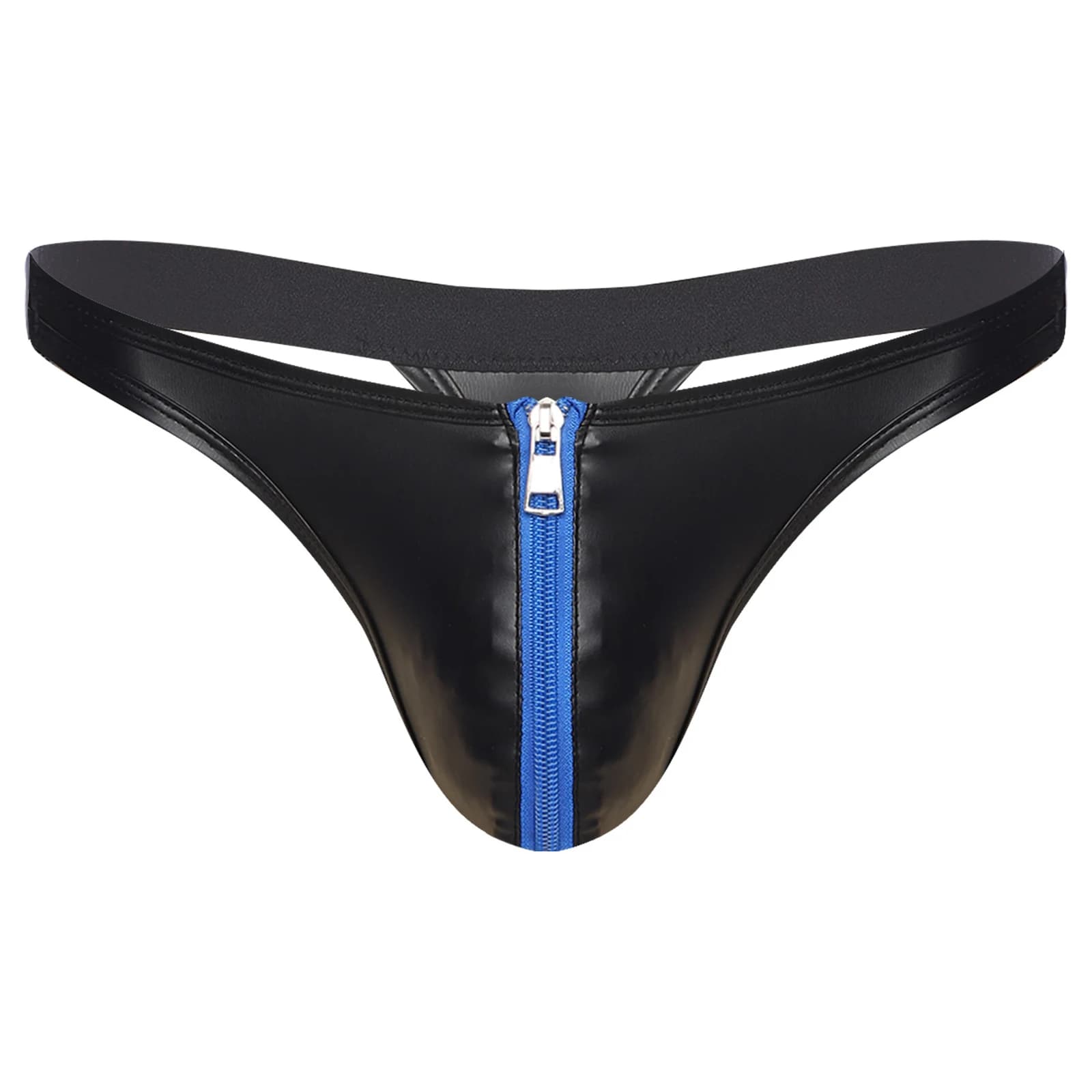 Mens Briefs PU Leather Thongs Underwear Bulge Pouch with Zipper Low Rise T-back Panties for Nightclub Rave Party Dance Wear