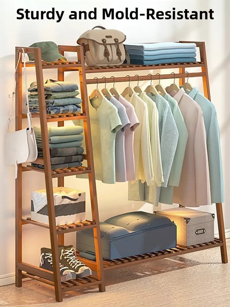 Durable wooden hanger, self-supporting, with hanging rod for bedroom, sturdy, simple, often, for vertical storage and drying clothes