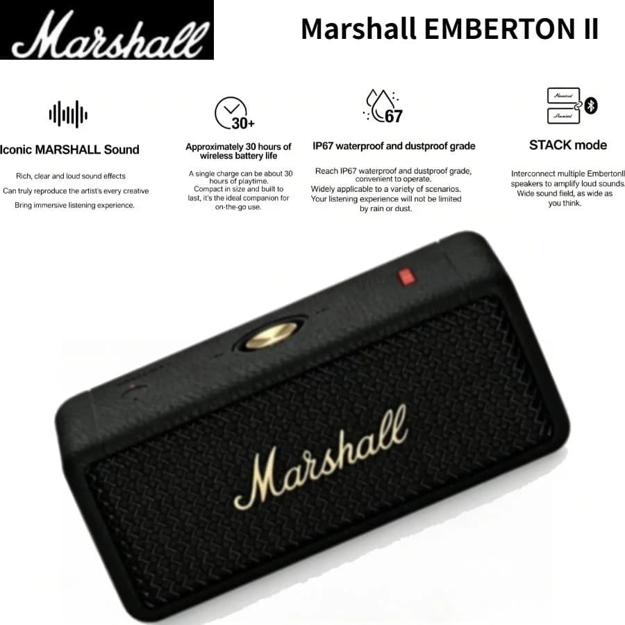 Altoparlante Stereo Multidirezionale Marshall Emberton II 2026, Bluetooth 5.3, Portatile per Esterni, Ricarica Rapida, Musica