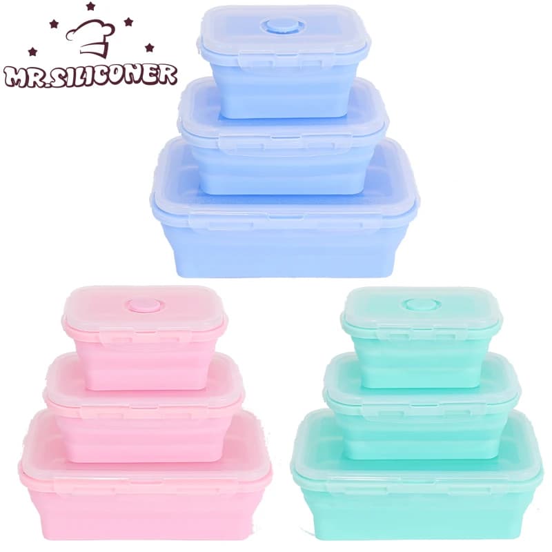 Bento Box pieghevole in silicone 3 pezzi / set Scatola da pranzo portatile pieghevole per stoviglie per alimenti Contenitore per alimenti Ciotola Lunchbox Stoviglie