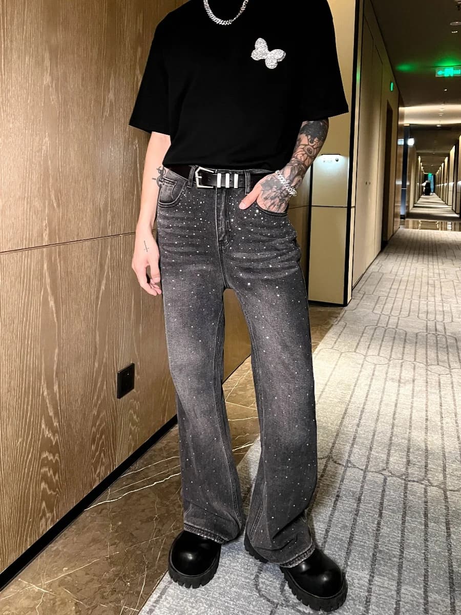 Men's Casual Straight Leg Jeans Black Versatile Loose Fit Washed Diamond Studded Comfortable Breathable Slimming Wide Leg