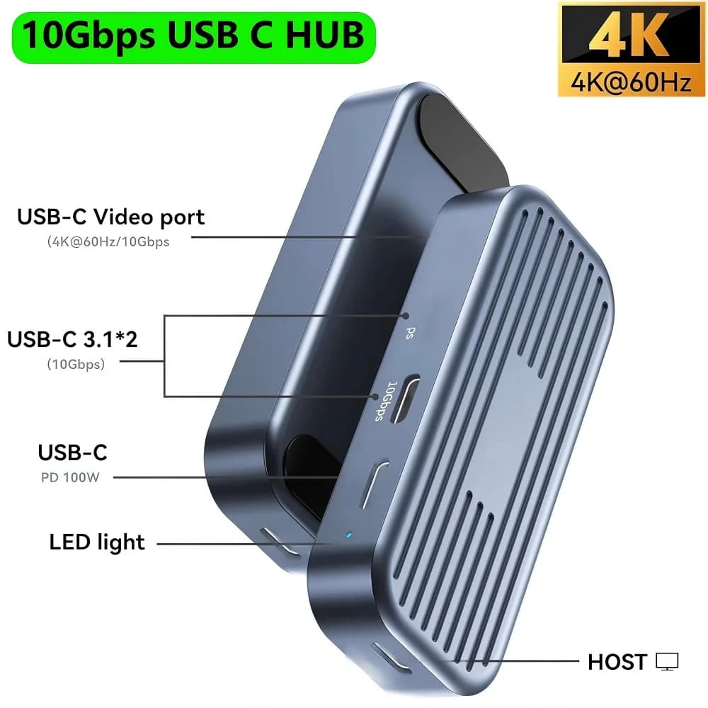 Hub USB C FC&EC 4K 60Hz Video PD 100W 10Gbps in Alluminio USB 3.2 Gen 2, Docking Station per Laptop, Adattatore Tipo C, Splitter USB